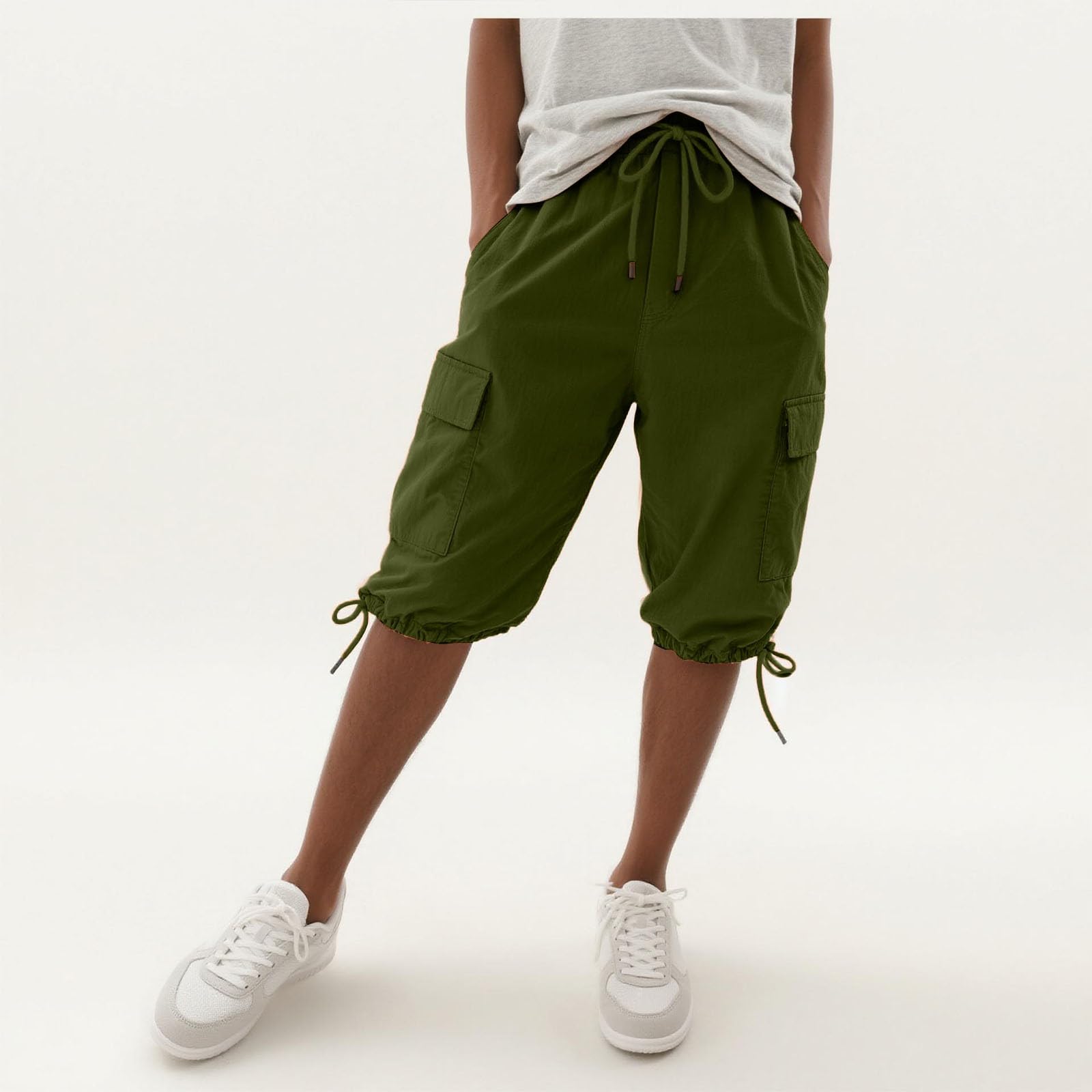 

Womens Shorts Knee Length Linen Elastic Waist Drawstring Shorts Summer Pants With Pockets L армия зеленый