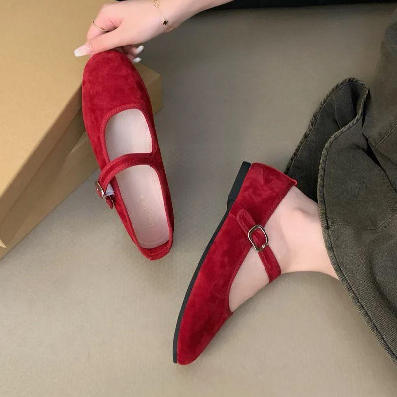Fashion IPPEUM Velvet Ballet Flats For Women Red Round Toe Buckle 2025 New Ballerinas Zapatos Mujer