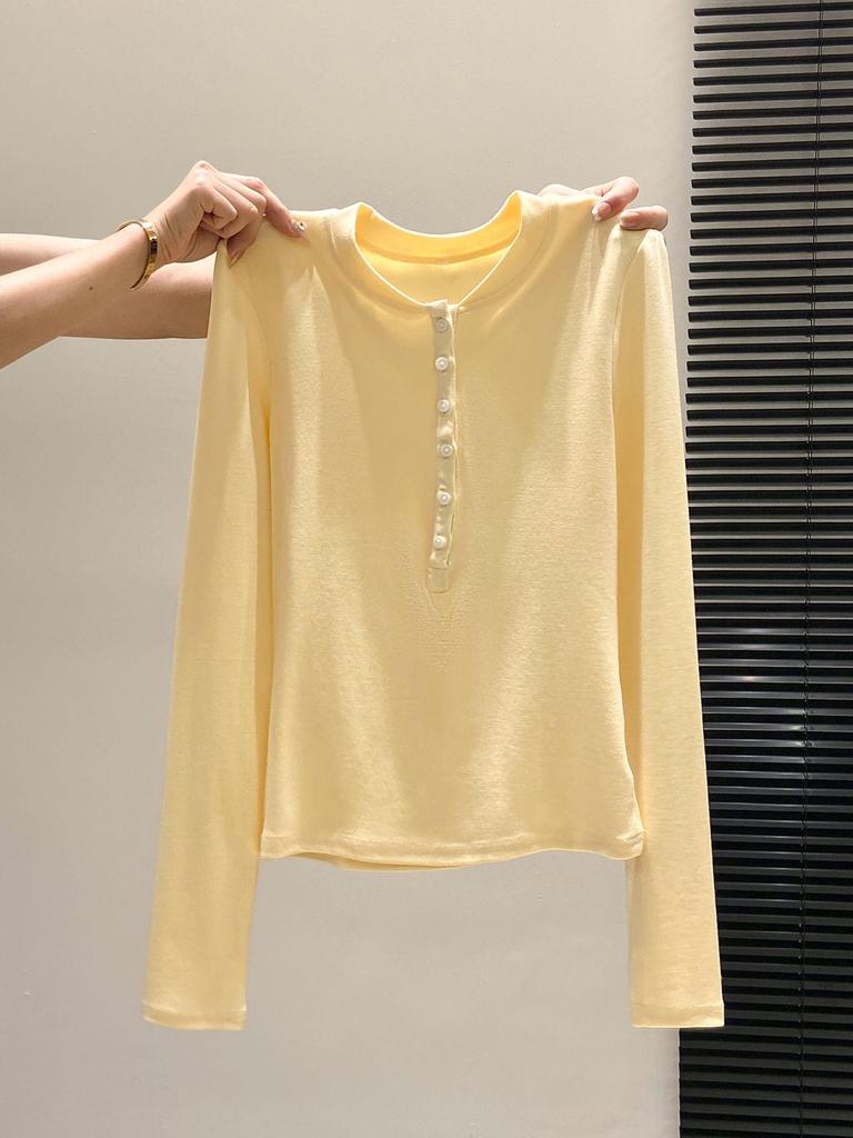 Women's BM-Style Button-Up Henley Long-Sleeve T-Shirt, Slim-Fit Stretchy Top with Imitation Cashmere Lining for Autumn/Winter/Spring
