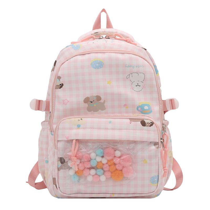 Cartoon Cat Pattern Women's Backpack Plaid Schoolbag