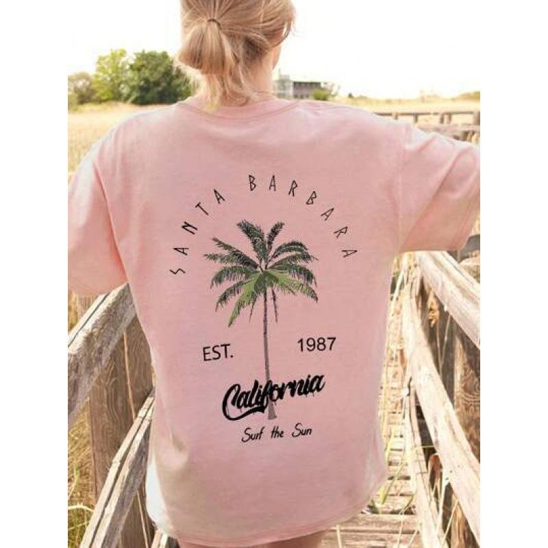 Women's Coconut Tree & Letter Print Drop Shoulder Sleeve Tee- Fashion Short Sleeve Top