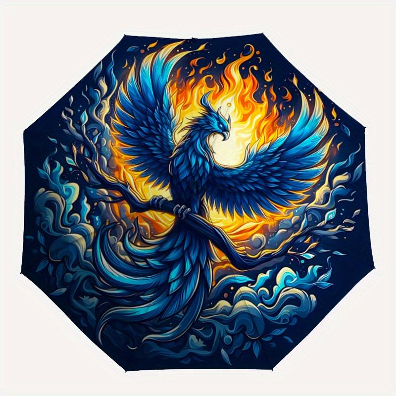 1 Stück Blaue Phönix Aufsteigendes Muster Regenschirm, Modisch, Personalisiert, Hochwertiger Klappschirm, Ein Muss für den Sommer, 8-Rippen Langlebiger Eisenrahmen