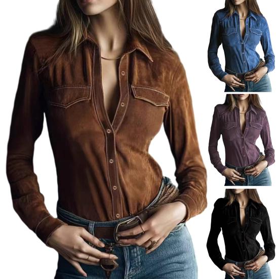 Women Shirt Lapel Long Sleeve Buttons Closure Slim Fit Shirt Suede Texture Retro Solid Color Casual Shirt Tops