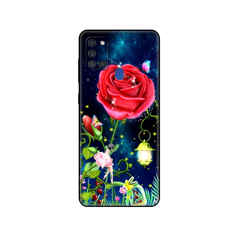 Černé TPU pouzdro pro Samsung Galaxy A50 50S A30S A10 A01 A11 A21S A31 A41 A51 A71 M21 M30S S10 LITE Červený motýl na květu růže
