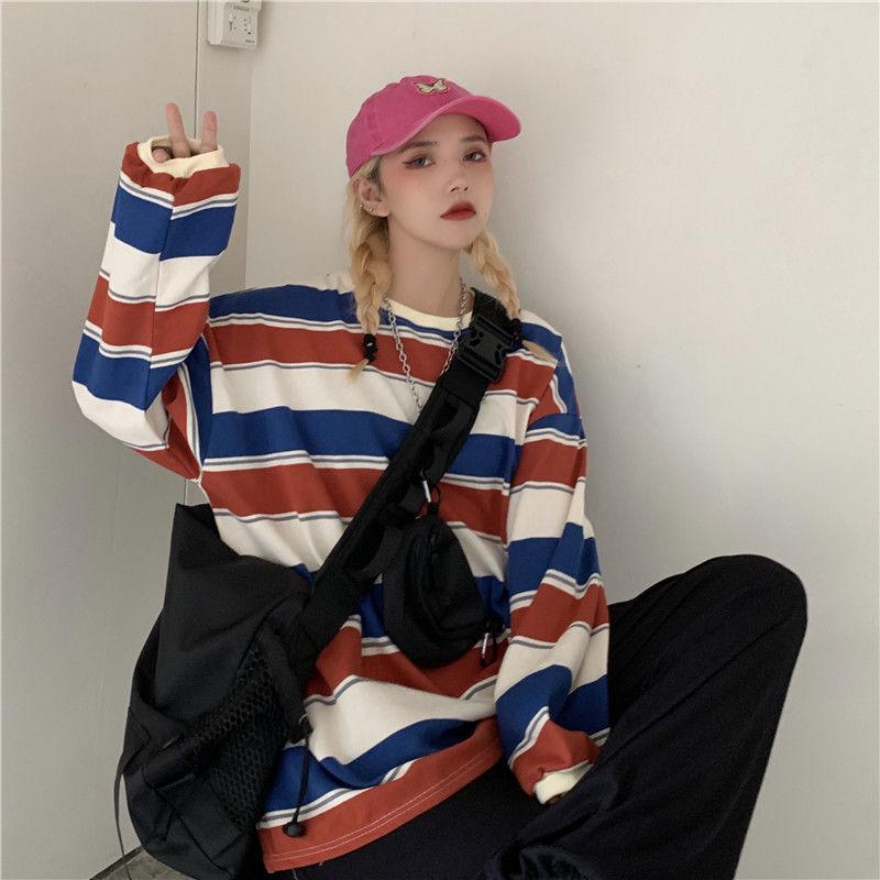 Autumn Korean Harajuku Striped Long-Sleeve T-Shirt: Retro, Loose, Unisex Style for Students