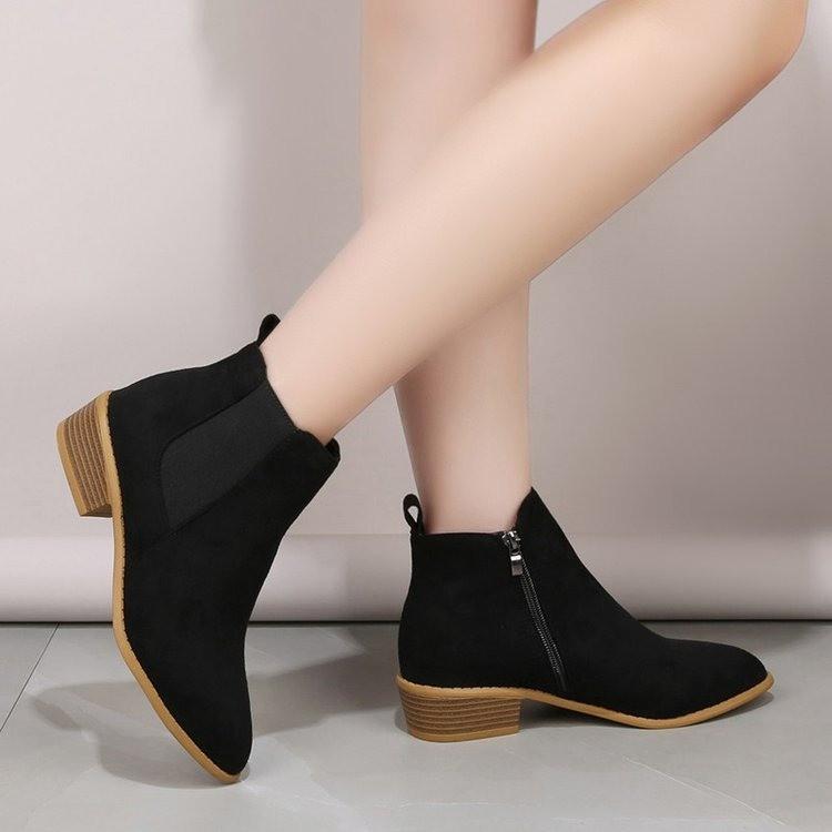 New Large Size Pointed Short Boots Suede British Simple Women's Boots Autumn and Winter Flat Bottom Side Zipper Bare Boots