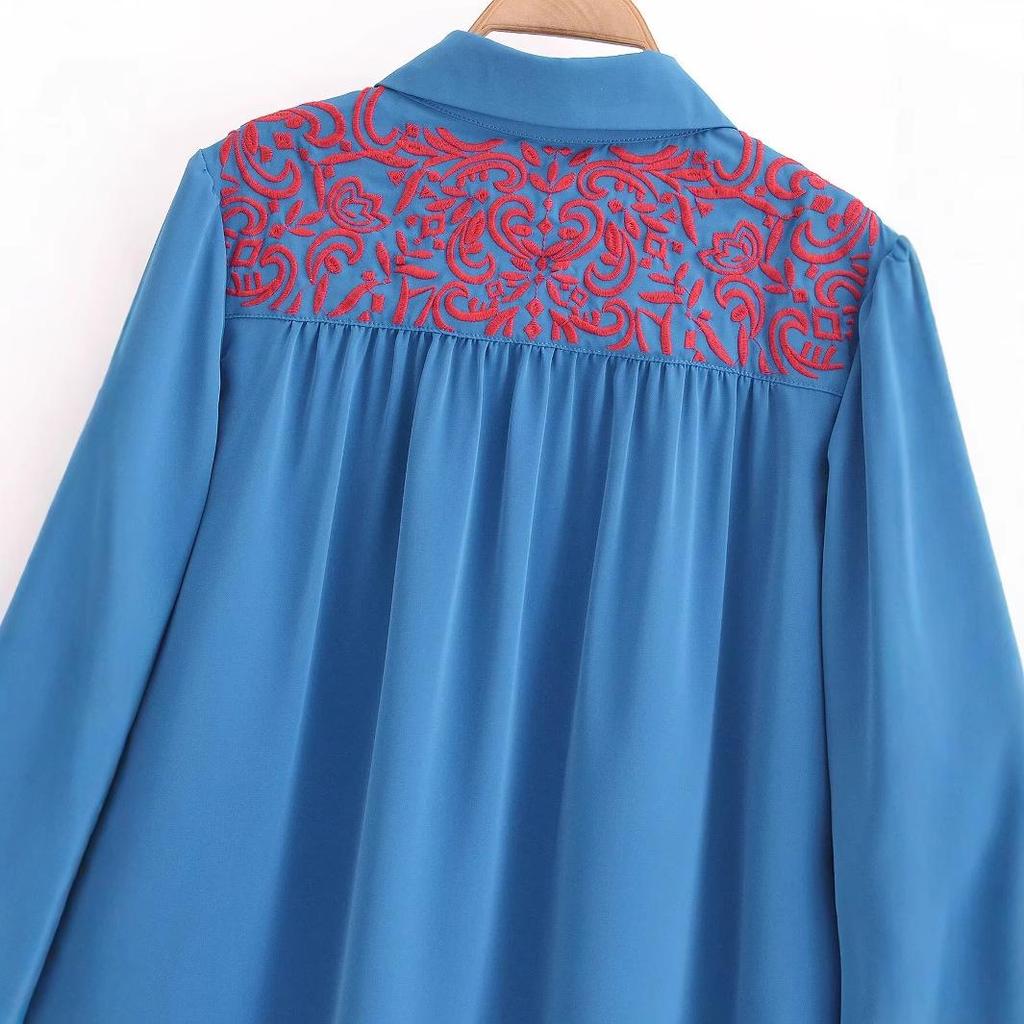 2024 Autumn Women's European & American Style Red Embroidered Denim Shirt