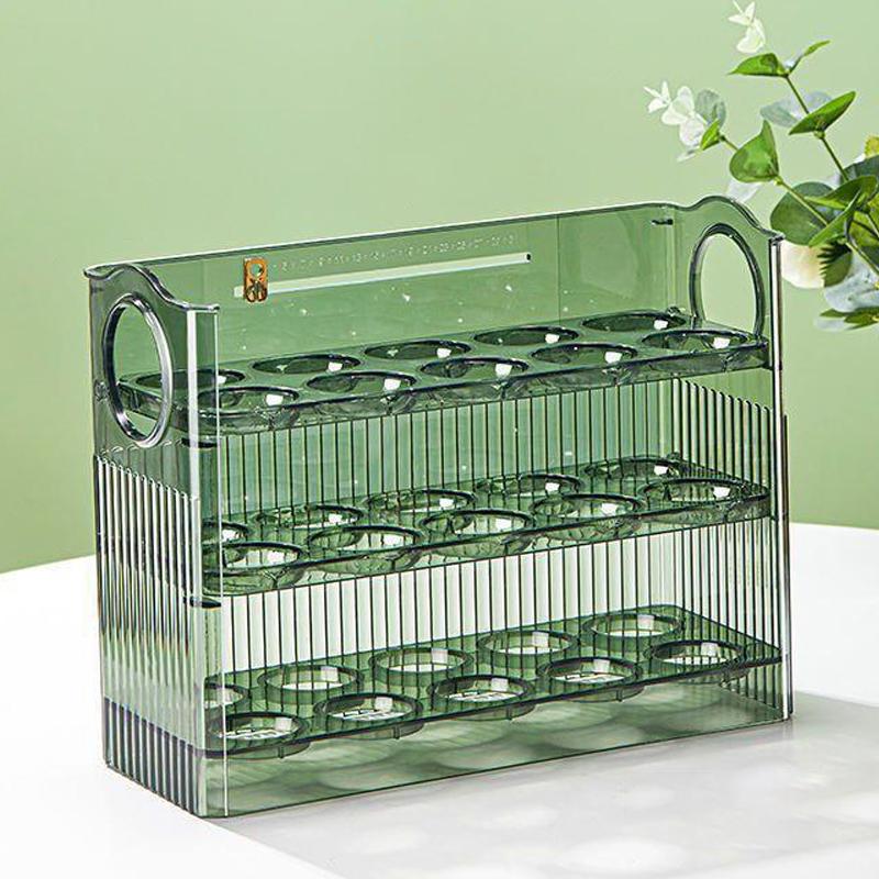 Organizator de ouă cu rabat automat, suport pentru ouă cu 3 niveluri, 30 de bucăți, recipient pentru depozitarea ouălor pentru ușa laterală a frigiderului sau blat