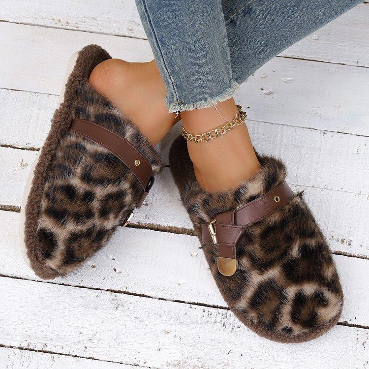 Women's Leopard Print Baotou Plush Slippers Padded Warm Winter Thick Bottom Heightened Home Slippers Casual Hiking Indoor Shoes Snow Cotton Mops