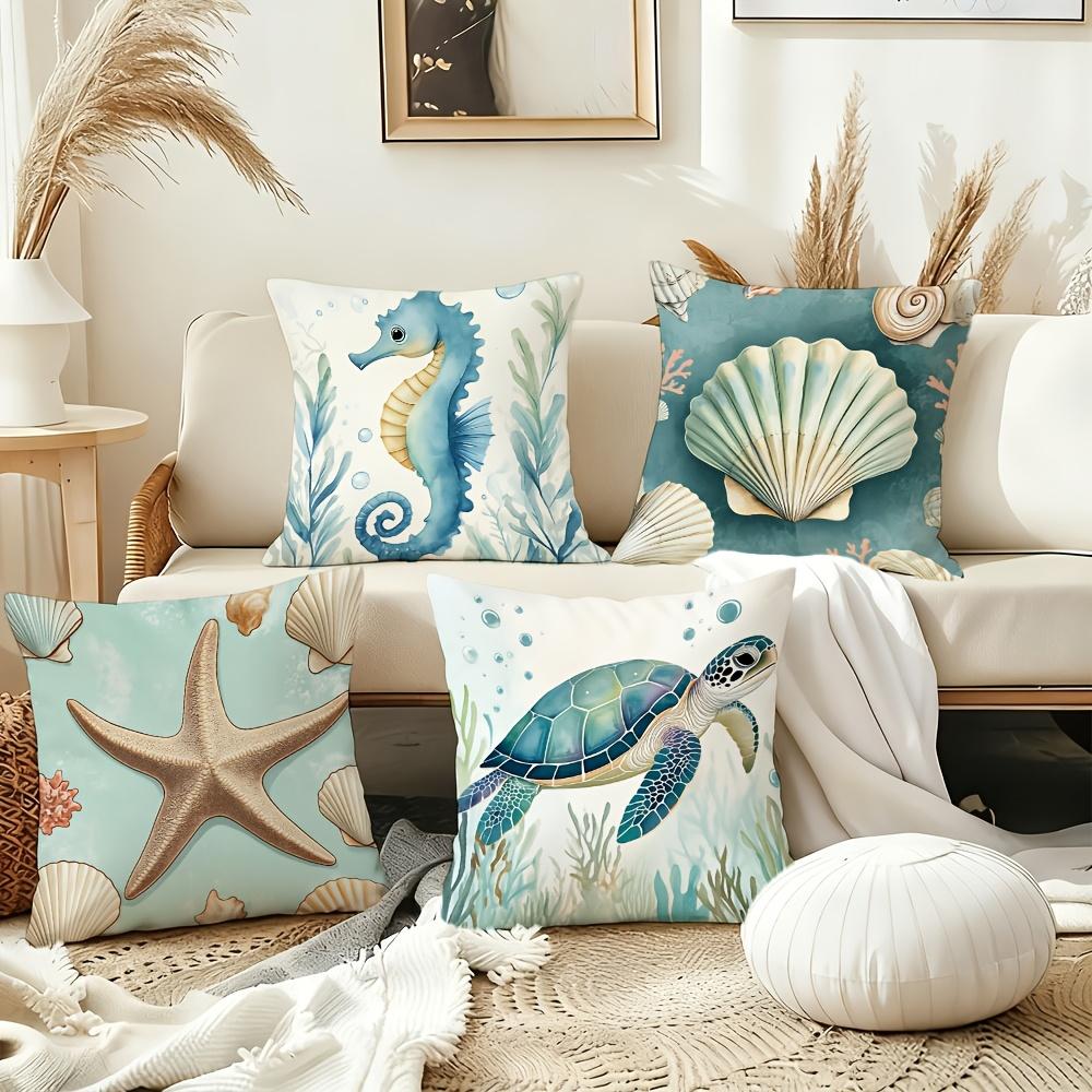 1/4pcs Coastal Throw Pillow Covers Watercolor Ocean Sea Turtle Seahorse Starfish Shell Decorative Pillowcases