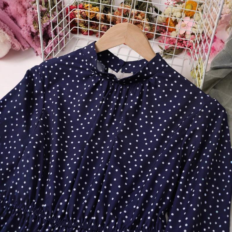 Women's New Waist Slimming Elegant Printed Long Sleeve Ruffled Chiffon Mid Length Dress