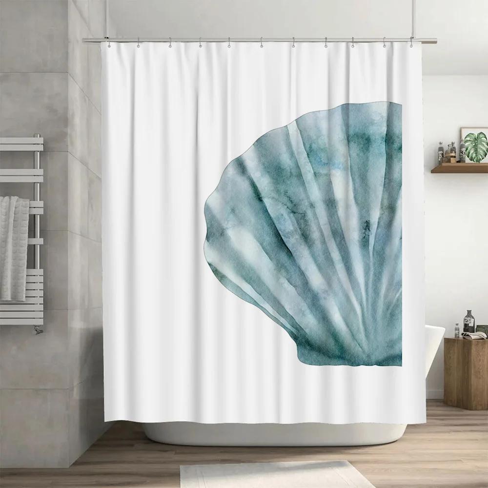 Watercolor Shell Bath Curtain Blue Green Decorative Shower Curtain for Bathroom Home Decoration Extra Long Size 72x84 Inches