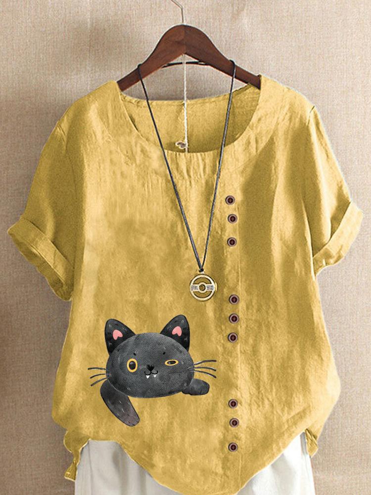 Women's Fashion Cat Printing Casual Cotton Linen Short Sleeve Round Neck T-shirt Shirt Leisure Loose Summer Blouse Tops