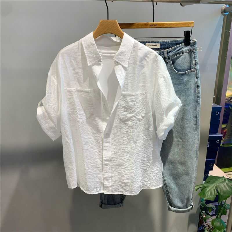 

Men Yellow Textured Lapel Double Pocket Roll Up Sleeve Button Down Shirt S белый
