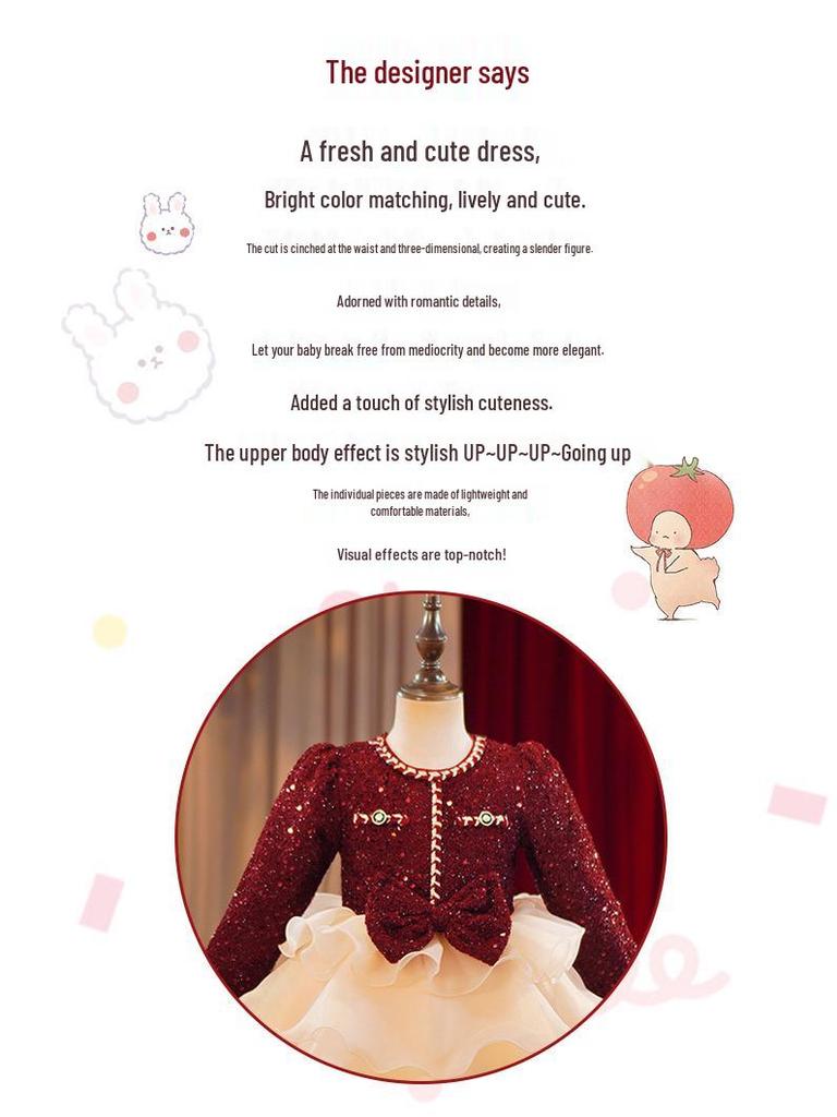 Girls' Wine Red Sequin Skirt with Bow & Tulle - Autumn/Winter Formal Christmas Dress