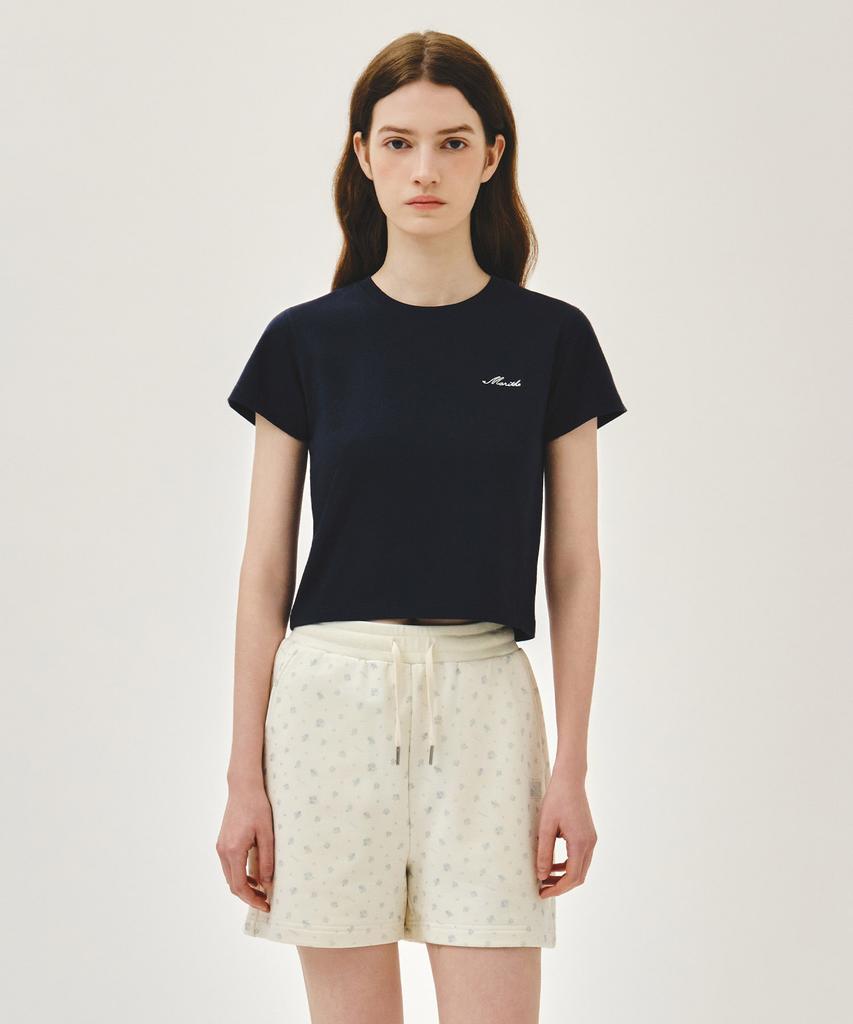 Malittepeulangsowajeobeo W Small Lettering Slim Crop Tee Navy