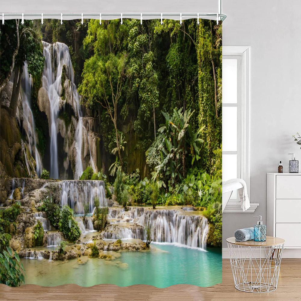Waterfall Shower Curtains Natural Landscape Green Plants Forest Nature Greenery Home Decor for Bathroom Polyester Bath Curtain