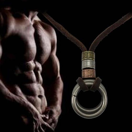 Mode män retro konstläder sladd dubbel cirkel ring hänge halsband gåva