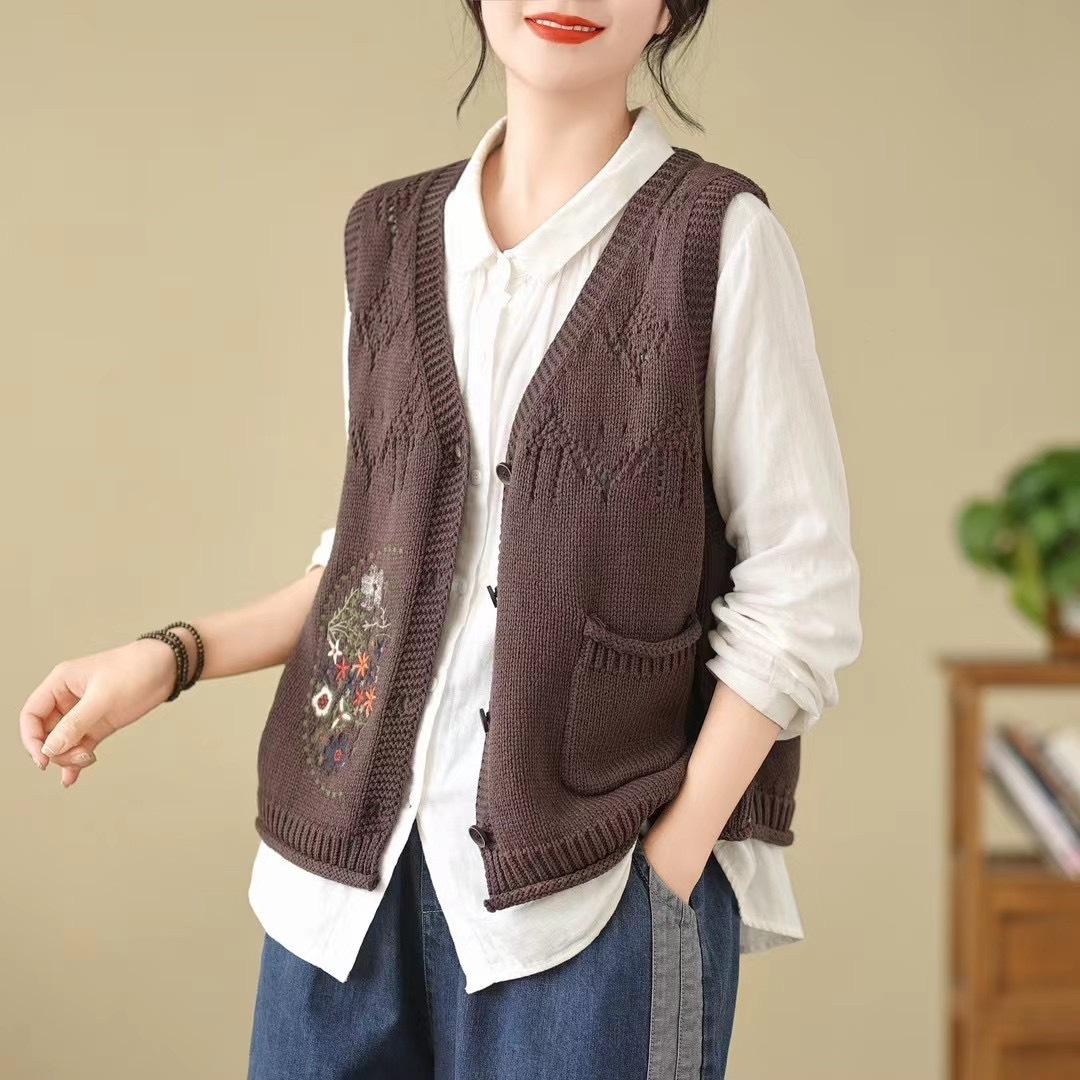 

В’язаний жилет Жіночий осінній вільний жилет з V-подібним вирізом, без рукавів, светр з вирізом Жилетка Вінтаж, однотонний жіночий кардиган, не збігається One Size коричневий