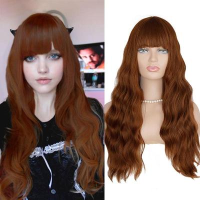 Synthetic Heat-Resistant Women's Wig With Bangs Ombre Red Brown Cosplay Long Wavy Curly Hair Lolita Wig