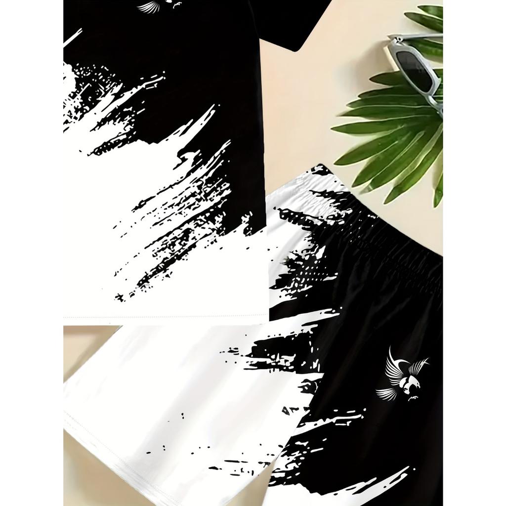 Summer New Gradient Print Top Short Sleeve Shorts Two-Piece Boys' Shirt Set, Perfect for Outdoor