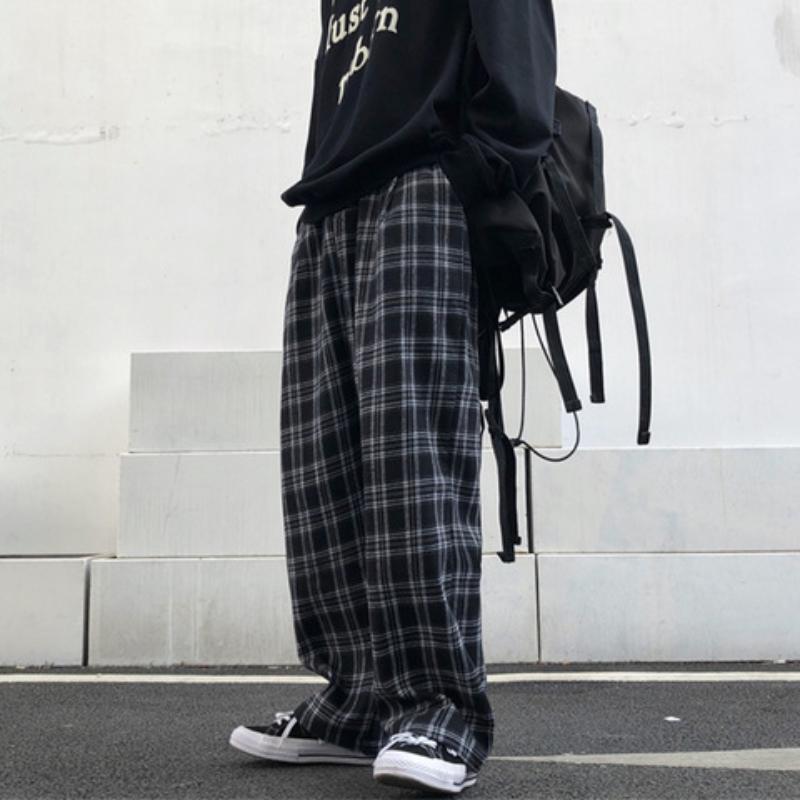 Ladies SweatTrousers Summer Chic Black Plaid Casual Trousers Elastic Waist Casual Pockets Student Trousers