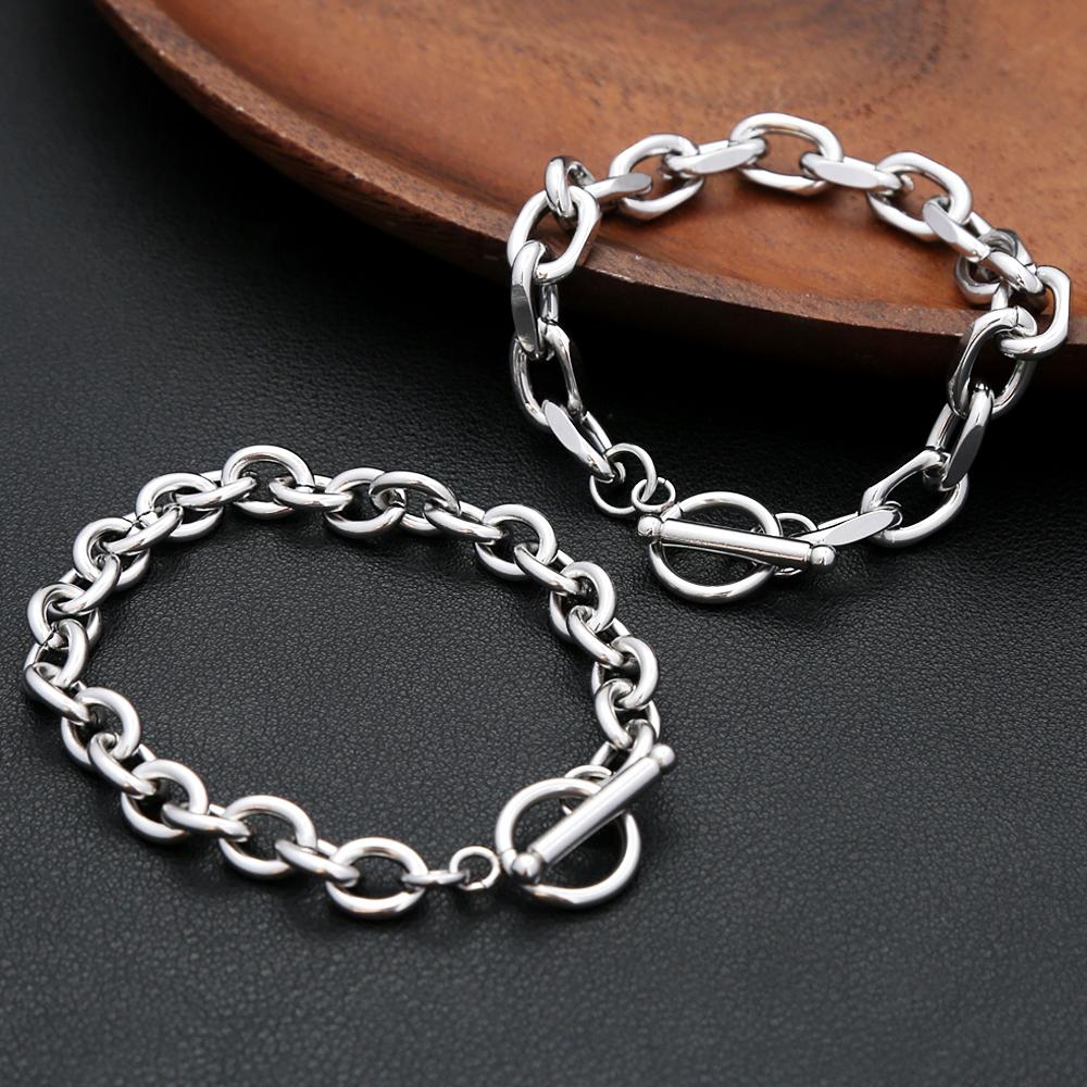 Simple 316L Stainless Steel Bracelet For Women Men Hip Hop Punk Silver Color OT Buckle Link Chain Bangles Couple Jewelry