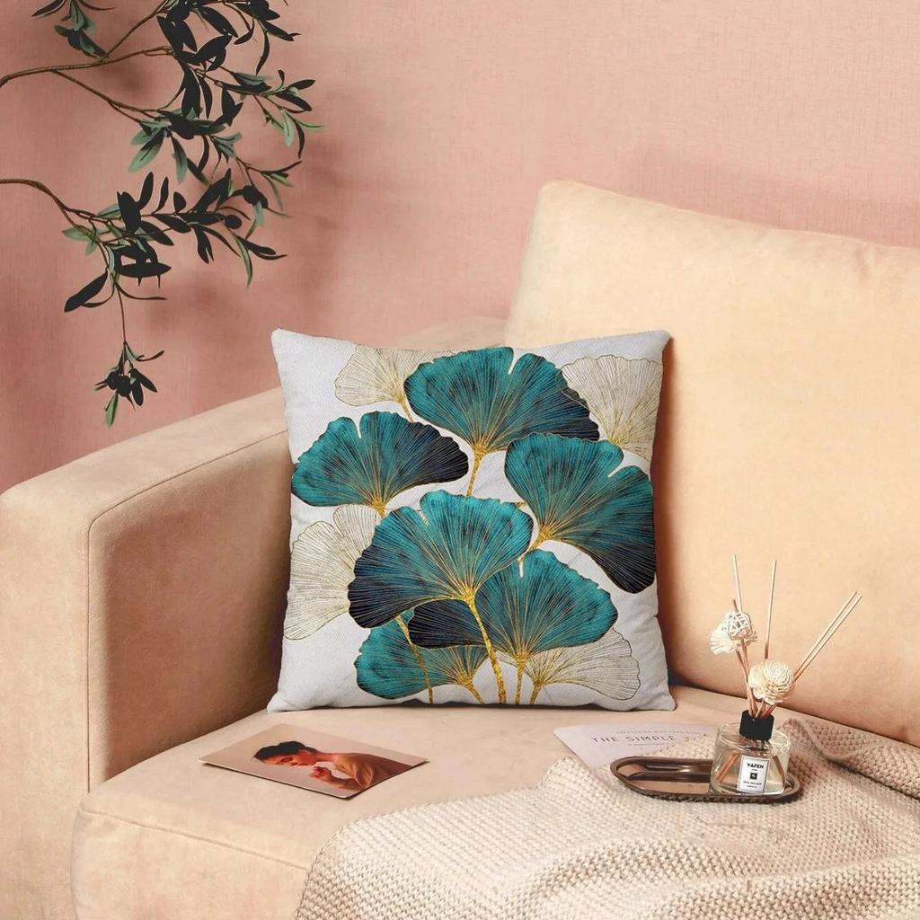1 Pc Teal Gold Ginkgo Leaf Cushion Cover Modern Plant Peach Skin Throw Pillowcase For Living Room Elegant Home Decor 40X40Cm