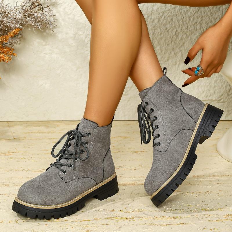 Round Toe Booties 2025 Winter New Lace-up British Style Plus Size Platform Martin Boots for Women