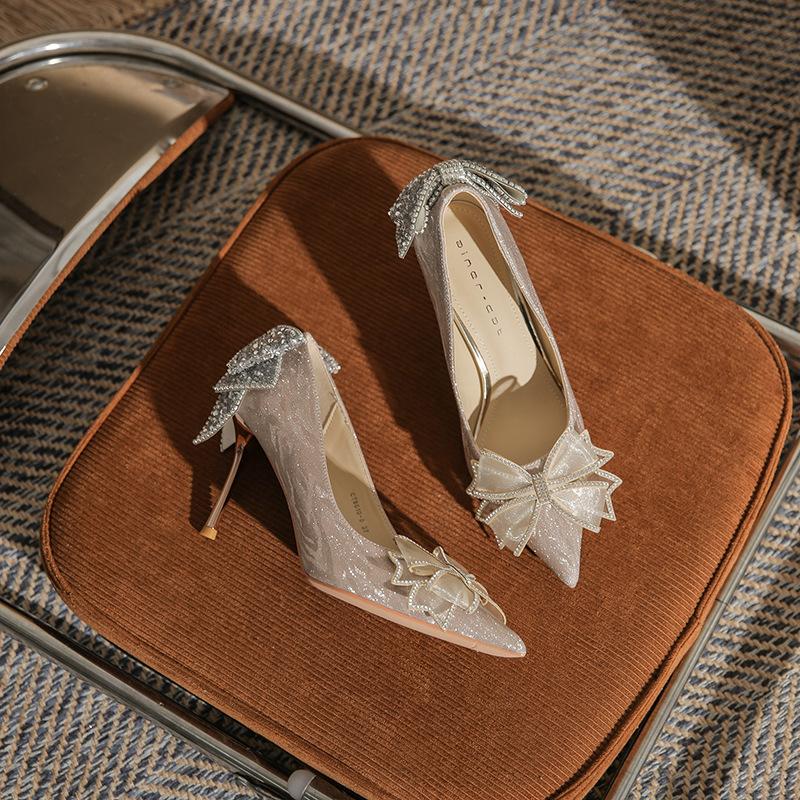 860-3 high heels women's thin heels spring 2025 new crystal wedding shoes pointed rhinestone bow single shoes