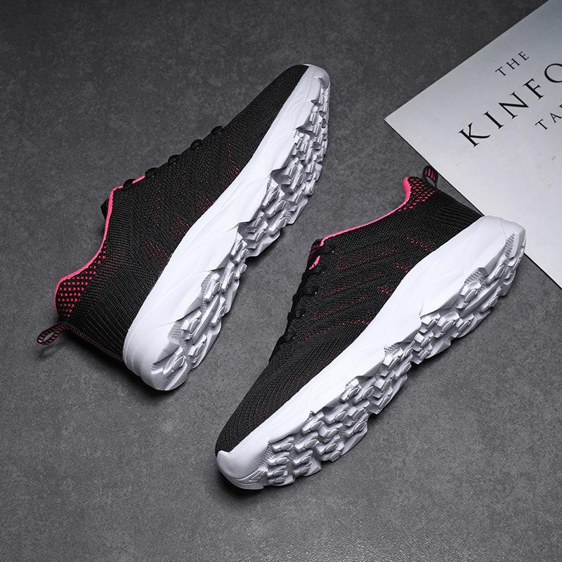 Women'S Black Breathable Knitted Sneakers Casual Lace Up Outdoor Walking Shoes Comfortable Fashionable Versatile Tennis Shoes