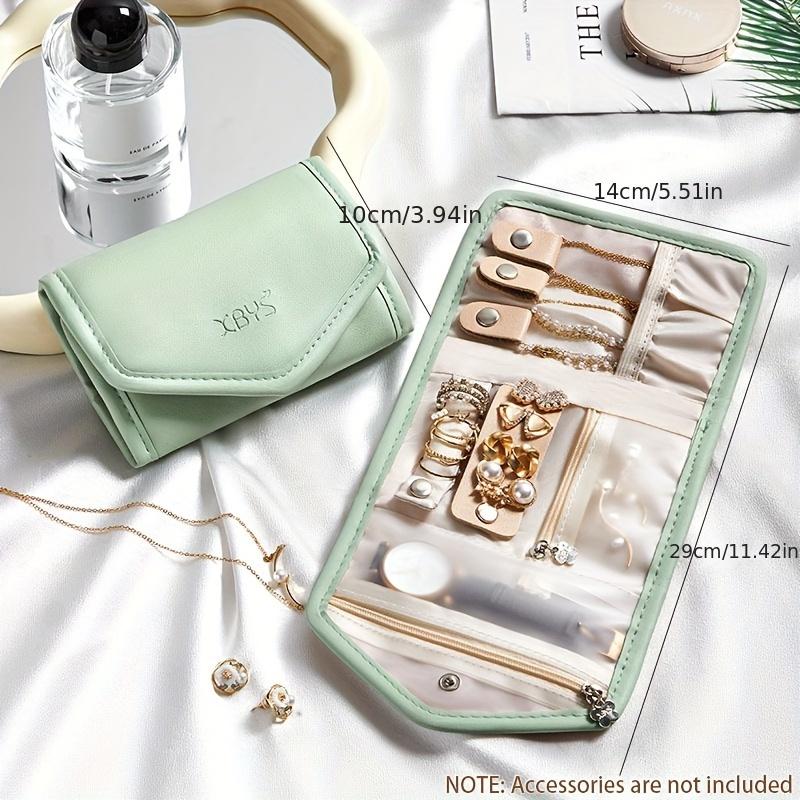 

Contemporary Faux Leather Jewelry Organizer Travel Case with Watch Pocket, Necklace Earring Compartments, Mirror Portable Zippered Jewelry Storage Box зелёный