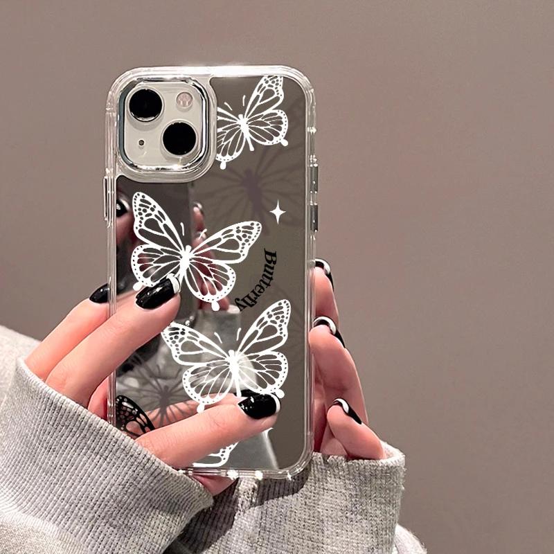For iPhone 16 Pro 13 Case Luxury Mirror Silver Butterfly Phone Case iPhone 15 14 11 12 Pro Max 16 Plus XR X XS Shockproof Cover