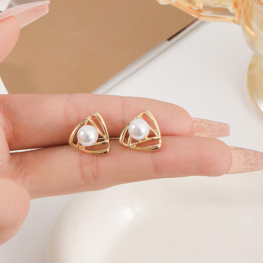 Geometric Triangle Stud Earrings with Pearl Accent and Embedded Crystals Lightweight Vintage Style Fashion Jewelry for Women