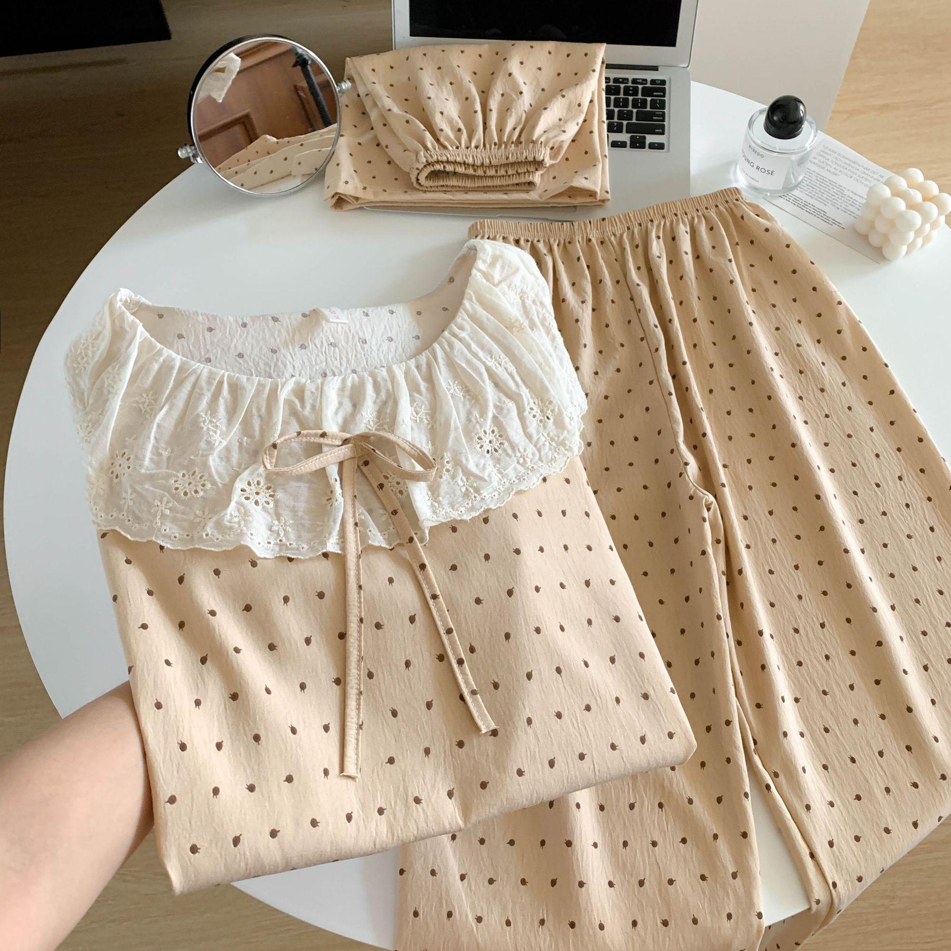 

Женский пижамный комплект из трех предметов: Топ с коротким рукавом, шорты и длинные брюки со сладким большим лацканом и кружевной отделкой XL