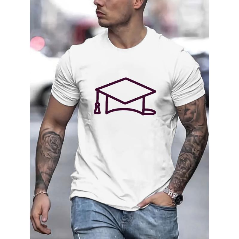 

European sizes Graduation Cap Print T Shirt, Tees For Men, Casual Short Sleeve T-shirt For Summer S белый