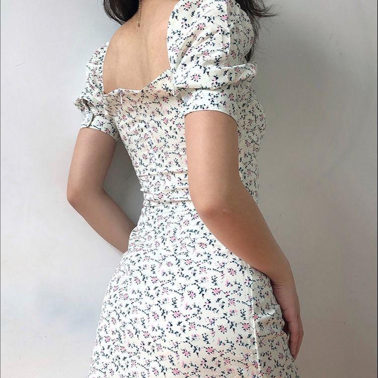 Women's 2025 Summer Lace-up Puff Sleeve Floral Mid-length Dress