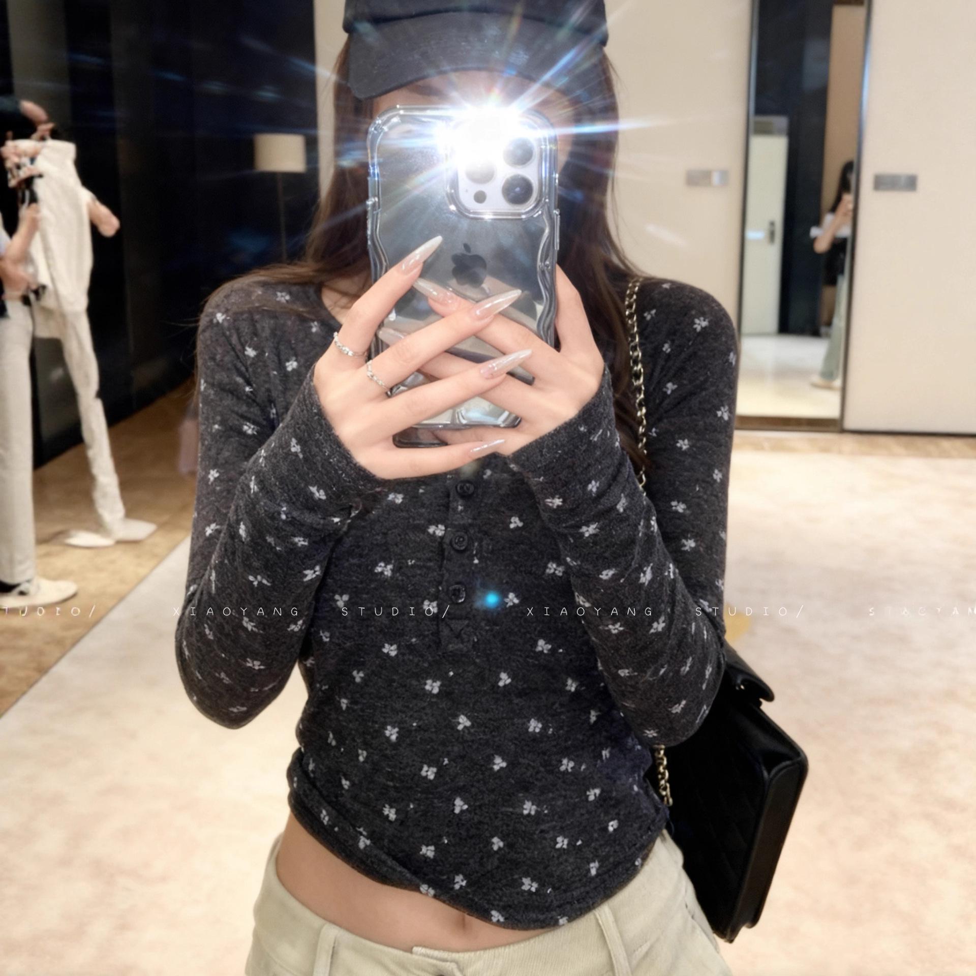 Deep Gray Floral Knit Long Sleeve Korean Style Slim Fit Women s Top Small глубокий/серый