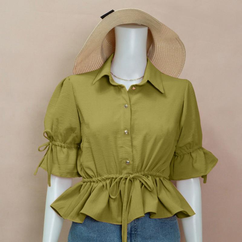 

ZANZEA Женская летняя блузка с отложным воротником, коротким рукавом, повседневная, на кулиске L зелёный