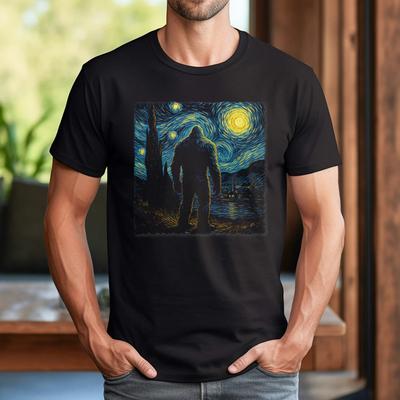 Bigfoot Starry Night Sasquatch Van Gogh Sky Painting Art T-Shirt