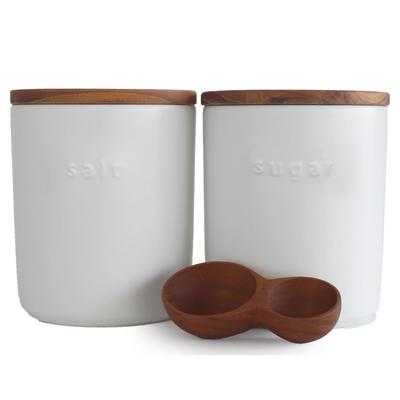 LOLO | Storage Container White | 500ml | Canister | Ceramic | Made In Japan | Teak Embossed | Canister Set Salt Sugar (White Set + Spoon)