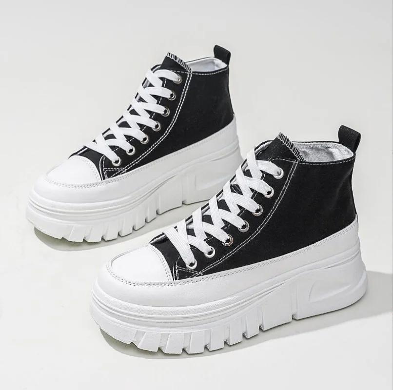 

Женские парусиновые кеды на высокой плоской подошве со шнуровкой спереди, повседневная и удобная спортивная обувь с увеличением роста 40