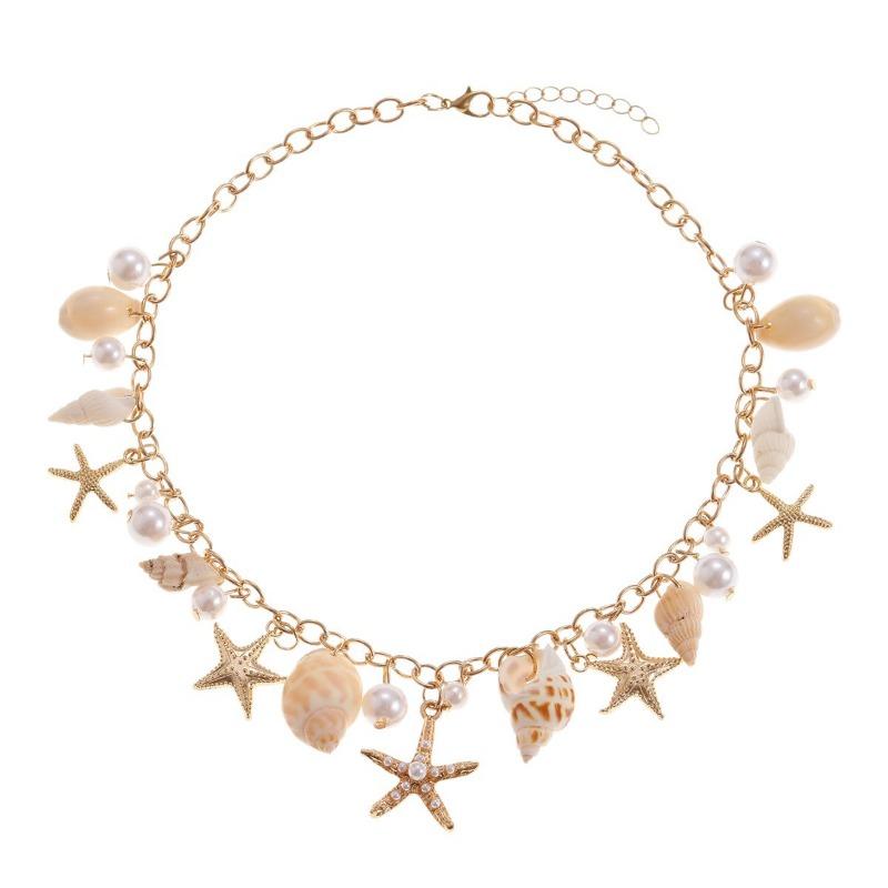 Bohemian Summer Beach Starfish Shell Necklace Seaside Vacation Imitation Pearl Collarbone Chain