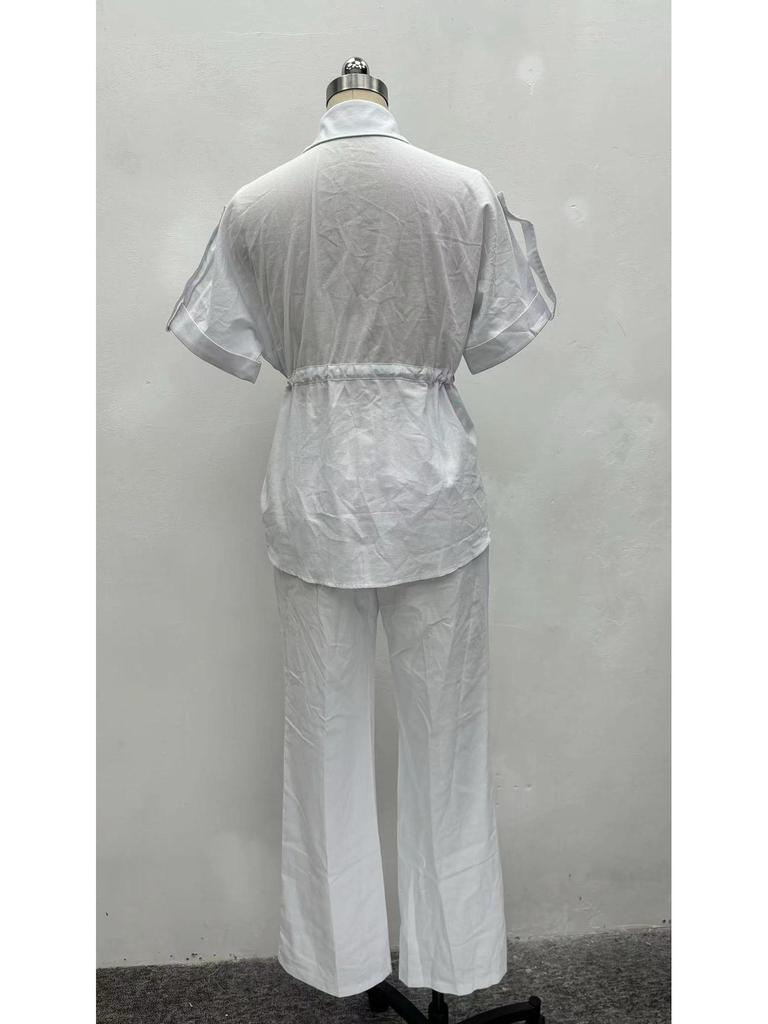 Women's Casual Summer Two-Piece Set: Short-Sleeve Pocket Shirt & Long Pants