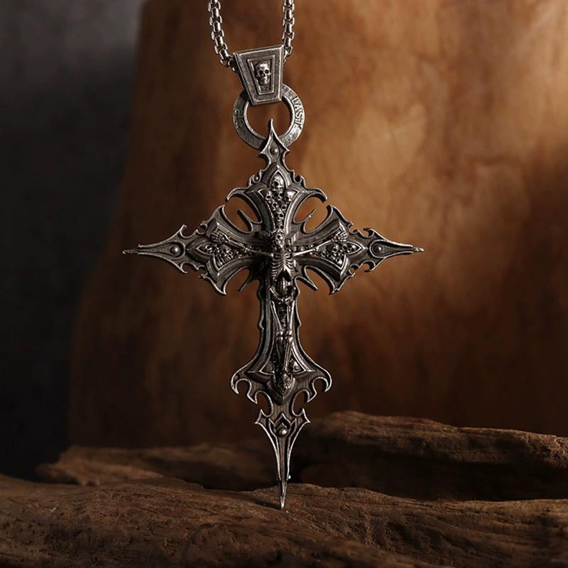 Vintage Gothic Purgatory Cross Skull Pendant Necklace Steampunk Catholic Amulet Jewelry Gift