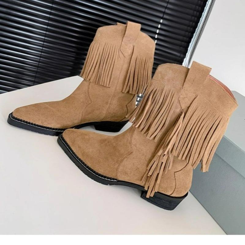 WinterWomen's Shoes Western Cowboy Boots Warm Tassel Solid Color Versatile Pointed Toe Low Heel Ankle Boots