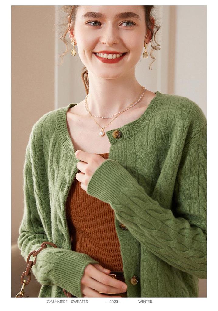 Women's 100% Pure Cashmere Round Neck Cable Knit Cardigan Sweater