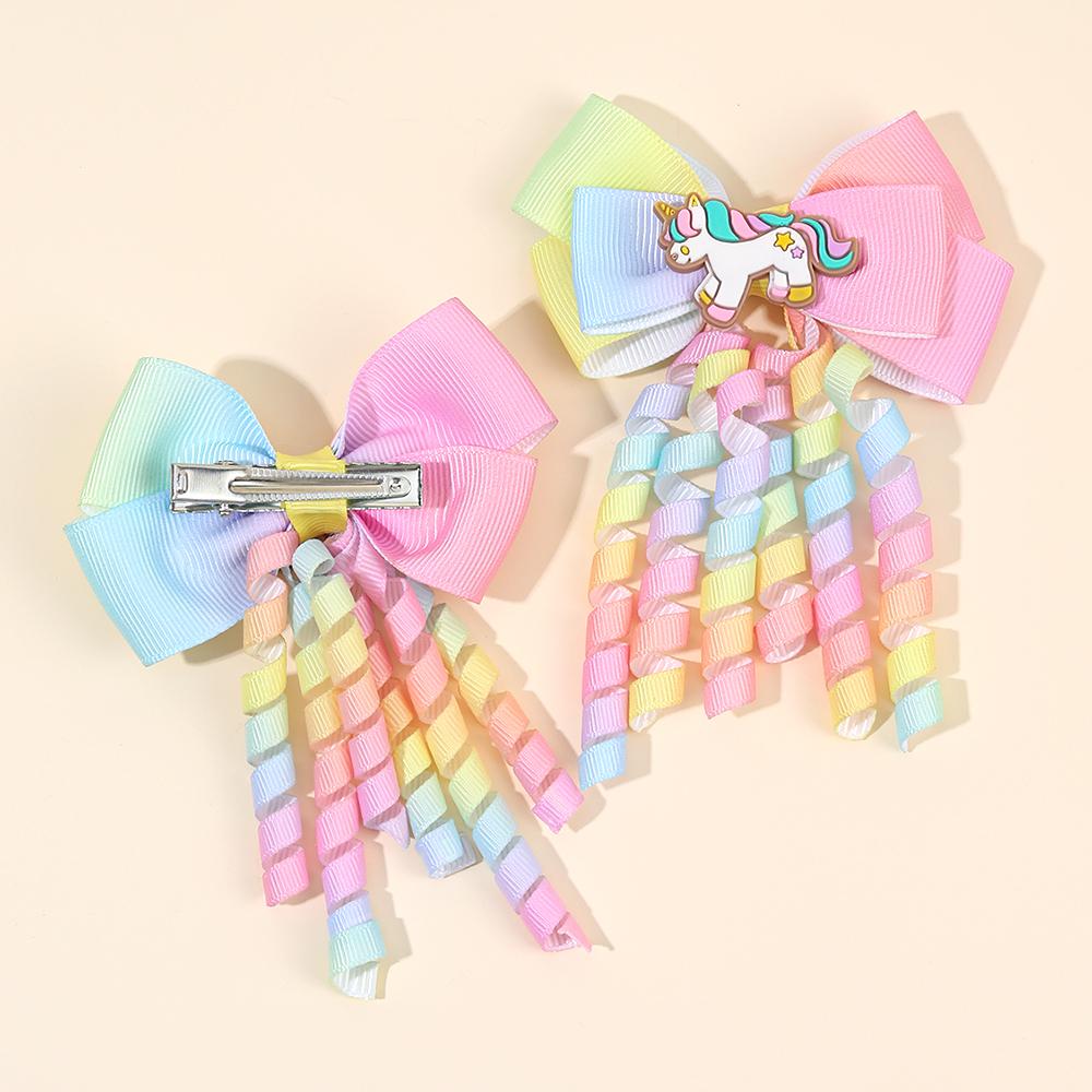 2Pcs Rainbow Unicorn Hair Clip Cute Curly Ribbon Tassel Magical Bow Hairpin For Kids Girls Party Daily Use Headwear Accessories