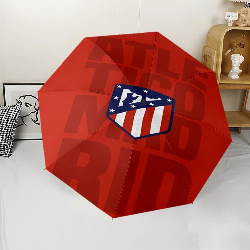 Atlético Madrid logo Print Automatic Umbrella, 8 Rib Iron Frame, Plastic Handle, Suitable for Outdoor Travel &Daily , Ideal Gift