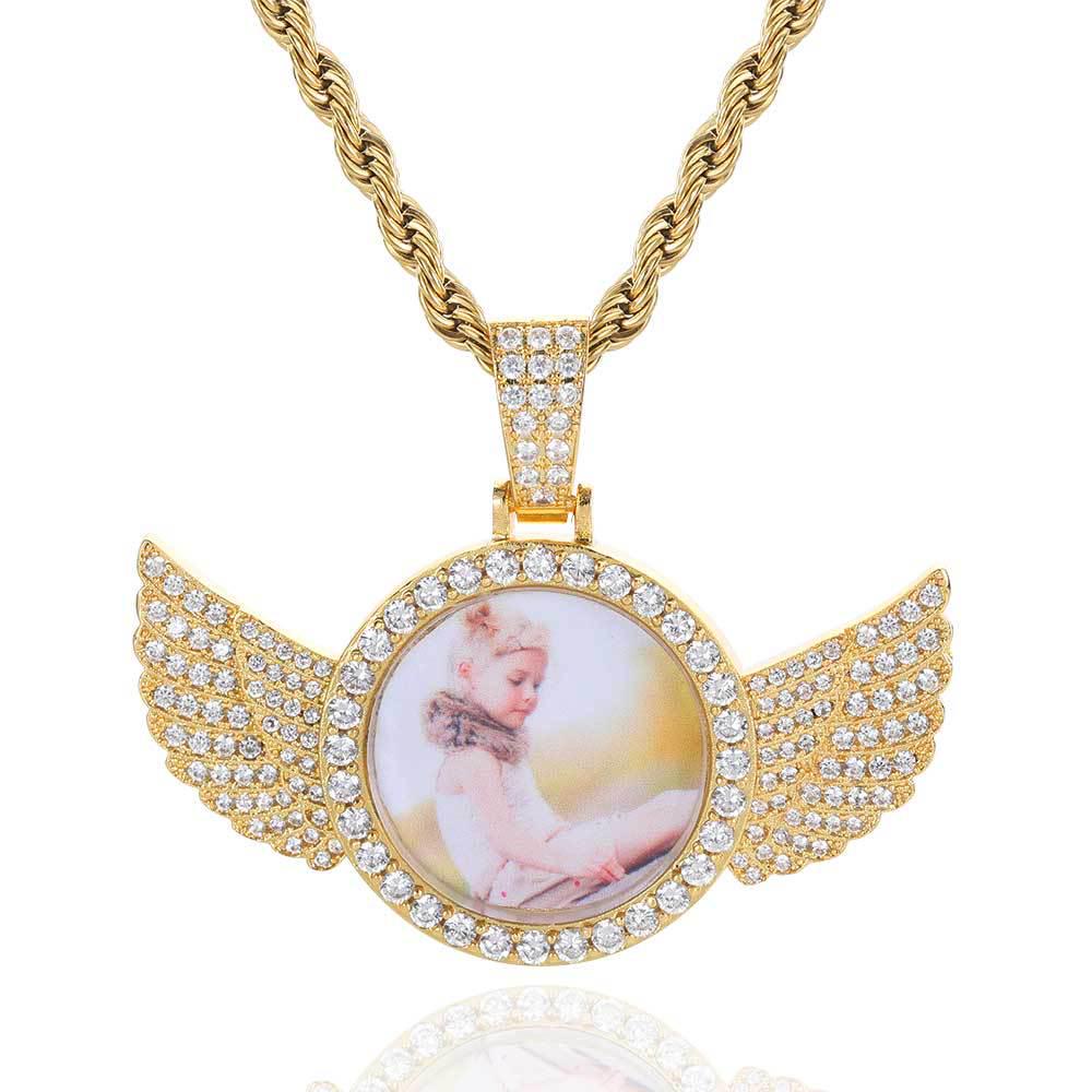European-American Hip Hop Angel Wings Zircon Photo Frame Pendant Necklace